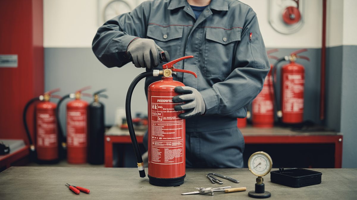 Técnico fazendo a recarga de um extintor de incêndio
