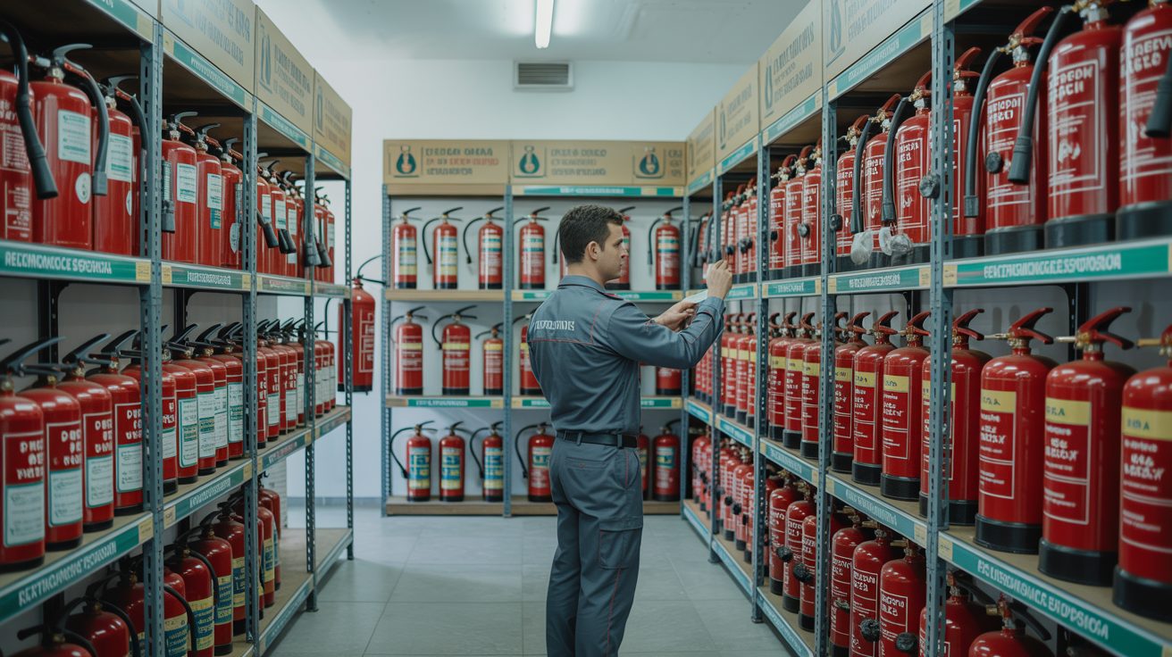 Técnico da NSR Extintores conferindo extintores na loja